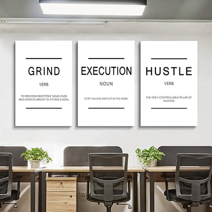 Framed Canvas Wall Art Success Quote, Office Wall Art, Black Large Poster, Positive Motivational Set of 3 Prints, Grind Execution Hustle Poster, Inspirational Print (C-3pcs,24x36inchx3pcs)