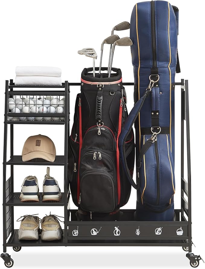Lauren&Harold Golf Bag Organizer Garage Storage, Golf Storage Rack Stand Fits 2 Golf Bags, Golf Clubs and Other Golfing Equipment Accessories, Golf Organizer for Garage, Club, Shed, Basement