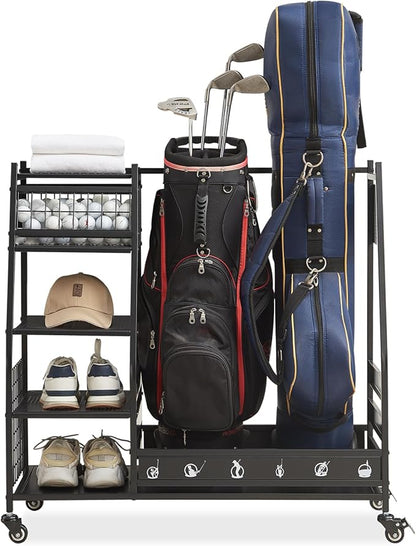 Lauren&Harold Golf Bag Organizer Garage Storage, Golf Storage Rack Stand Fits 2 Golf Bags, Golf Clubs and Other Golfing Equipment Accessories, Golf Organizer for Garage, Club, Shed, Basement