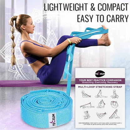 TECEUM Stretching Strap for Yoga & Physical Therapy – 10 Loops – Non-Elastic Leg Stretch Straps for Stretching, Exercising, Pilates, Post-Injury Rehabilitation for All Levels – Men & Women