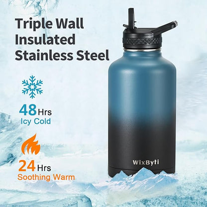 64 oz Insulated Water Bottle with Straw (Cold for 48 Hrs), Half Gallon Stainless Steel Triple Wall Vacuum Sports Water Jug, Leakproof Hydro Cup Flask with Straw Spout Lids & DIY Stickers
