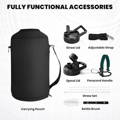 One Gallon Water Bottle Insulated, Triple Walled Vacuum Stainless Steel (Cold for 48 Hrs), Leak Proof & Non-BPA, Large Water Flask Jug with Paracord Handle & Straw Spout Lids