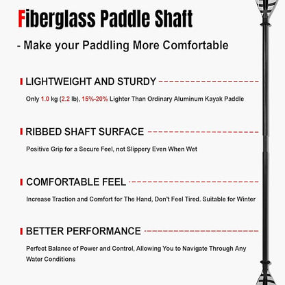 Kayak Paddles with Fiberglass Shaft and Reinforced PP Blade, Floating Adjustable Kayaking Oars, 3 Piece, 220-240 cm/86-94 Inches, 240-260 cm/94-102 Inches