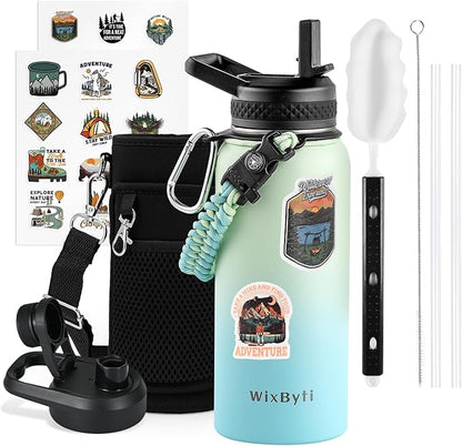 32 oz Insulated Water Bottle with Straw (Cold for 48 Hrs), Stainless Steel Triple Wall Vacuum Sports Water Jug, Leakproof Hydro Cup Flask with Paracord Handle & Straw Spout Lids & DIY Stickers