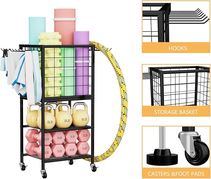 Dumbbell Rack for Home Weight Rack for Home Gym Yoga Mat Storage Rack Black Workout Equipment Storage Organizer with Hooks Yoga Mat Holder with Wheels for Yoga Block, Dumbbell, Resistance Band