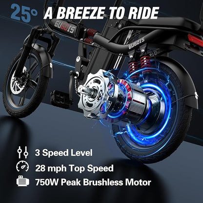 2 Seater Electric Bike for Adults,Mini Bike 500/750 Motor,28MPH,48V/15AH Removable Battery,25-30Miles 16" Fat Tire Commuter Ebike,Full Suspension Foldable Electric Bicycles for Adults Teens