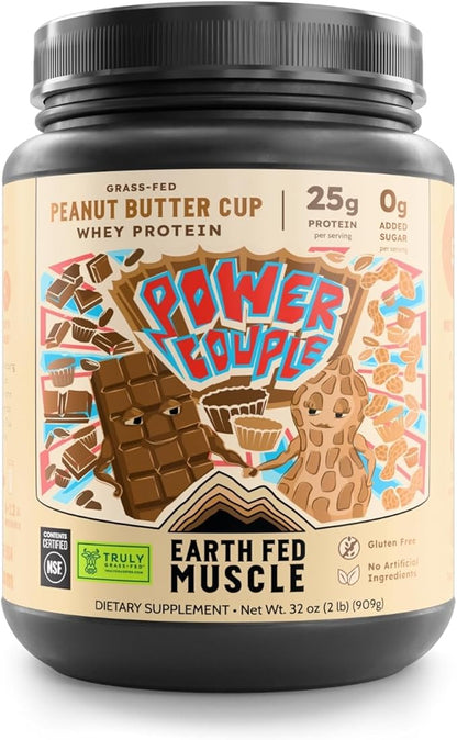 Earth Fed Muscle Power Couple Peanut Butter Chocolate Truly Grass Fed Whey Protein Isolate - NSF-Certified. No Artificial Ingredients, Soy Free, Gluten Free, Non-GMO & Hormone Free 26 Servings