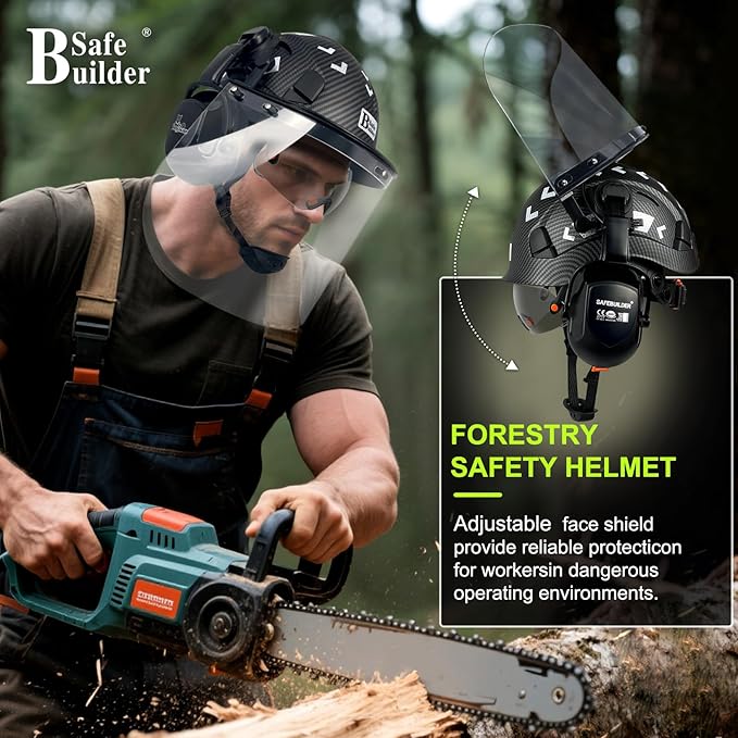 Forestry Safety Helmet with Build-in Visor Mesh Face Shield Ear Muffs 4 in 1 Chainsaw Safety Hard Hats