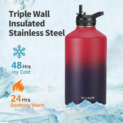 One Gallon Water Bottle Insulated, Triple Wall Vacuum Cold for 48 Hrs & Leak-proof & Non-BPA, 128oz Large Sports Stainless Steel Water Jug with Paracord Handle Straw Spout Lids & DIY Stickers