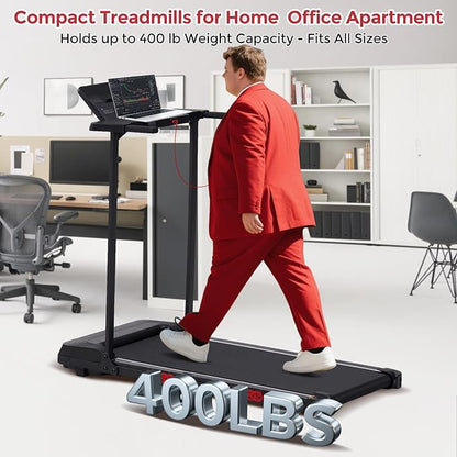 Compact Walking Pad with Handle Bar, 3.5HP Electric Portable Walking Pad Treadmills with Handles for Home Small Spaces, 0.6-10MPH Home Small Treadmill with Big Screen for Office Apartment, 400LBS