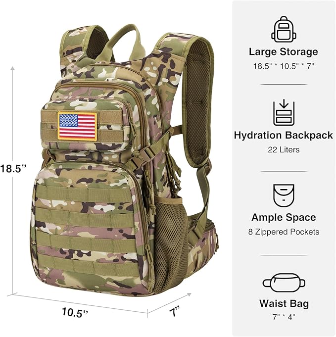 22L Tactical Hydration Backpack with 3L Water Bladder, Lightweight Molle Water Bag for Men Women, Hiking Hydration Pack for Cycling Running Biking Hunting, Daypack with Waist Pocket, Camo