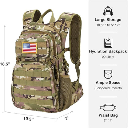 22L Tactical Hydration Backpack with 3L Water Bladder, Lightweight Molle Water Bag for Men Women, Hiking Hydration Pack for Cycling Running Biking Hunting, Daypack with Waist Pocket, Camo