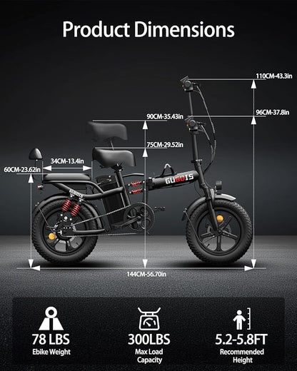 2 Seater Electric Bike for Adults,Mini Bike 500/750 Motor,28MPH,48V/15AH Removable Battery,25-30Miles 16" Fat Tire Commuter Ebike,Full Suspension Foldable Electric Bicycles for Adults Teens