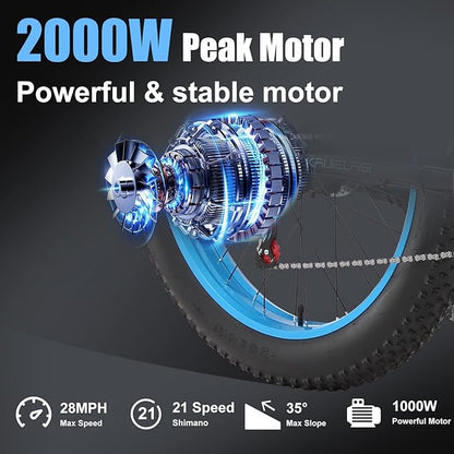 Electric Bike for Adults，26" x 4" Fat Tire Ebike，28MPH 1000W Motor Peak Power 2000W Electric Bicycles，48V 15AH Removable Battery，21 Speed Mountain Snow Beach E Bike