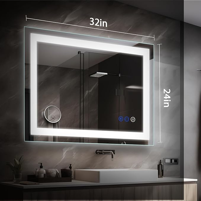 LED Bathroom Mirror with Lights Mirrors Smart Vanity 32x24 in,Anti-Fog,3 in,Anti-Fog,3 Colors Dimmable,CRI95+, Touch