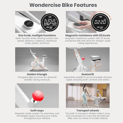 WONDER CORE Indoor Cycling Exercise Bike, WONDERCISE Bike - 13.2LB Flywheel, 32-Level Resistance, Silent Belt Drive, Bluetooth Connectivity, Tablet Holder, Adjustable Seat/Handlebars (White)