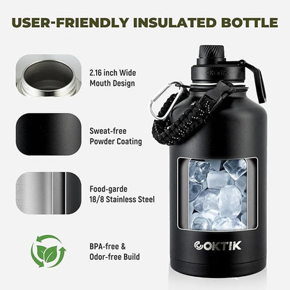 Half Gallon Insulated Water Bottle, 64 oz Triple Wall Stainless Steel Flask, Keeps Drinks Cold for 48 Hrs Leak-Proof & BPA-Free Half Gallon Jug with Paracord Handle, Straw & Spout Lids(2 pack,Black)