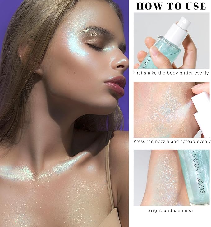 Body Glitter Spray, Moisturizing Bronze Body Shimmer Luminizer Glow Illuminator Quick-Drying and Non-Sticky Liquid Highlighter Spray for Face Hair Glitter, 60ML -Blue