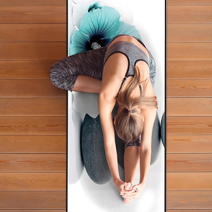 QiyI Yoga Towel with Travel Bag, Microfiber Mat-Sized Hot Yoga Towels, Non Slip Blanket with Corner Pockets, Quick Dry Mat Towel for Bikram, Pilates, Fitness - 70"x26", Pebbles & Blue White Flowers