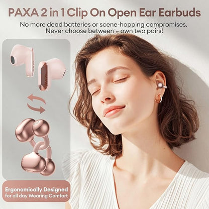 2 in 1 Clip on Open Ear Headphones Wireless Earbuds, 0 Delay Bluetooth 6.0, Ultra-long 140H Play, Auto L-R Recognition Touch Control, Hybrid Noise Reduction for Work Fitness Daily Use,Ctbuds Rose Gold