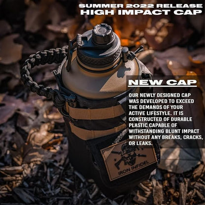 Iron Infidel Battle Bottle - Half Gallon Insulated Water Bottle with Paracord Handle, Large 64 oz Stainless Steel Water Jug with Rugged, Removable Sleeve for Keys, Wallet & Phone (Brown Recluse 2L)