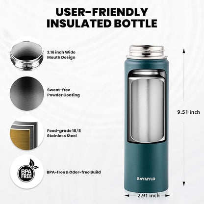 Insulated Water Bottle 20 oz, Triple Wall Vacuum Stainless Steel (Cold for 48 Hrs), Leak Proof & Non-BPA, Kids Water Bottle Jug for School with Straw Spout Lids, Dark Green