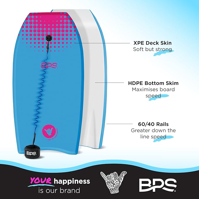 BPS New Zealand ‘Shaka’ Body Board for All Wave Conditions - Lightweight with EPS Core, HDPE Slick Bottom, Body Boards for Beach with Wrist Leash and Plug for Kids and Adults - All Skill Levels