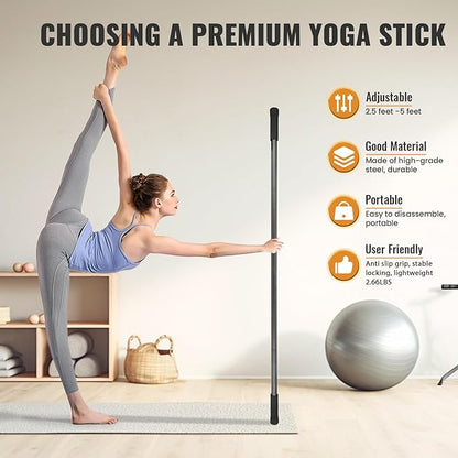Yoga Stick 5ft Mobility Stick, Sturdy Steel Exercise Bar Adjustable Stretching Stick for Mobility, Training, Flexibility and Balance, Versatile Stretch Bar with 4 Steel Rods & Foam Handles