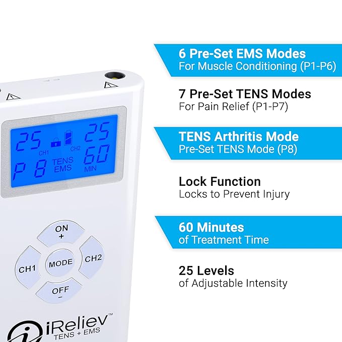 iReliev TENS + EMS Combination Unit Muscle Stimulator for Pain Relief, Arthritis, Muscle Strength - Treats Tired, Sore Muscles in Your Shoulders, Back, Ab's, Legs, Knee's, More