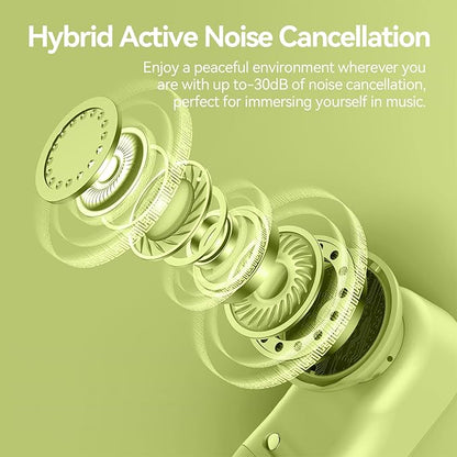 GOLREX Active Noise Cancelling Ear Buds Wireless Earbuds Bluetooth Headphones with 80H Playtime LED Display Wireless Charging Case, Over-Ear Hooks Earbud for Sports Running Gym Workout Yellow Green