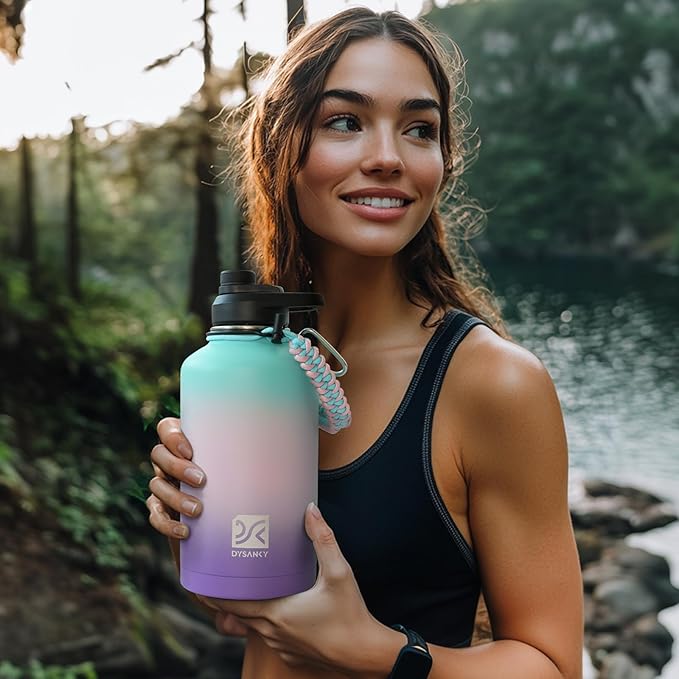 Insulated Water Bottle | Thickened Stainless Steel Vacuum Metal | Portable Sports Half Gallon Large Water Jug for Gym and Hiking with Straw, Carrier Bag, Handle Strap | BPA-Free 64 oz