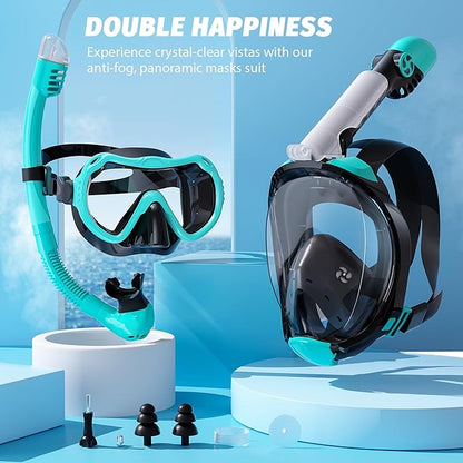 Full Face Snorkel Mask, Snorkeling Gear for Adults Men and Women, 180 Degrees Panoramic View Snorkel Set Anti-Fog Anti-Leak, Dry Top System and Travel Bag for Swimming, Snorkeling