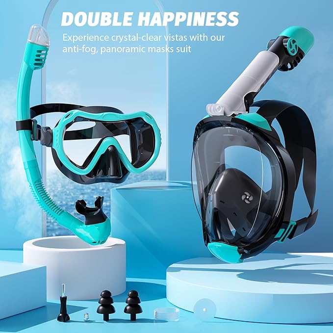 Full Face Snorkel Mask, Snorkeling Gear for Adults Men and Women, 180 Degrees Panoramic View Snorkel Set Anti-Fog Anti-Leak, Dry Top System and Travel Bag for Swimming, Snorkeling