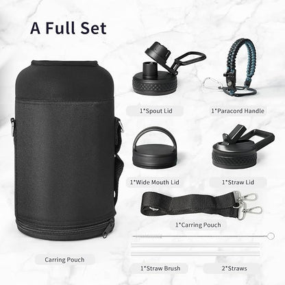 Trebo One Gallon Water Bottle Insulated with Paracord Handle,128oz Large Stainless Steel Water Jug,Vacuum Double Wall Insulated 24hr Cold Retention,Leakproof Flask with 3 Lids,Indigo Black