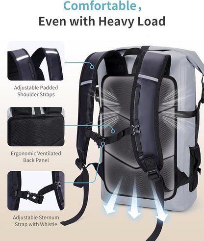 ECOHUB Waterproof Backpack for Women Men, 30L Roll-Top Closure Heavy Duty Dry Bag for Travel with IPX8 Waterproof Phone Case