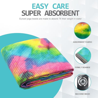Eunzel Yoga Towel,Hot Yoga Mat Towel with Grip Dots Sweat Absorbent Non-Slip for Hot Yoga, Pilates and Workout 24" x72", Yellow & Blue & Pink
