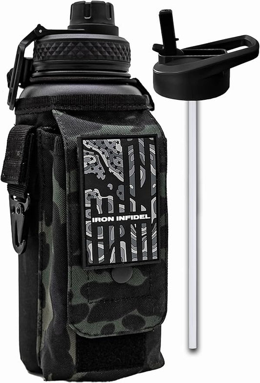 Iron Infidel Battle Bottle - 32 Oz Insulated Water Bottle with Straw Lid & Chug Cap, Stainless Steel Metal Tactical Flask With Rugged, Removable Sleeve for Keys & Phone or Wallet (Black Camo 1 Liter)