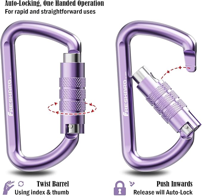 FresKaro 3inch 12kN-2698lbs Auto Locking Carabiner Clips, Solid D Shape, Heavy Duty 7075 Aluminum, Lightweight 1.09oz, Rust Proof, for Hammock, Hiking, Dog Leash, Keychain etc., Multi-Colors