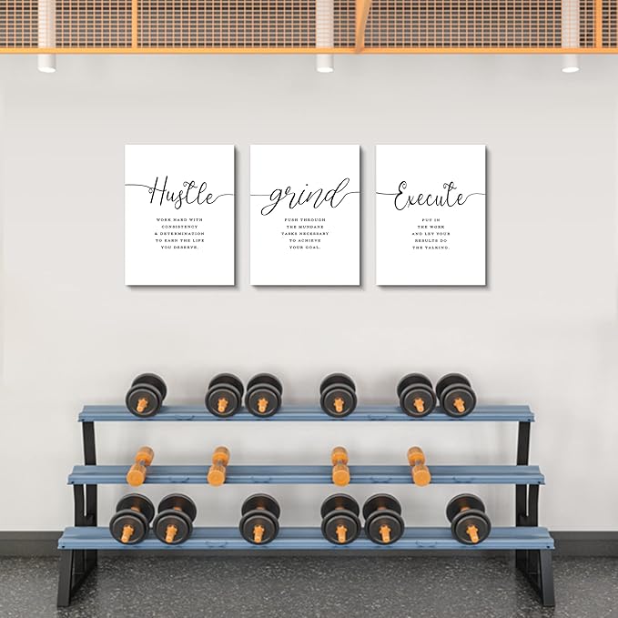 Framed Canvas Wall Art Grind Hustle Quote Poster, Office Wall Art, Positive Motivational Set of 3 Prints, Hustle prints Execute, Inspirational Wall Decor Art (H-3pcs,12x16inchx3pcs)