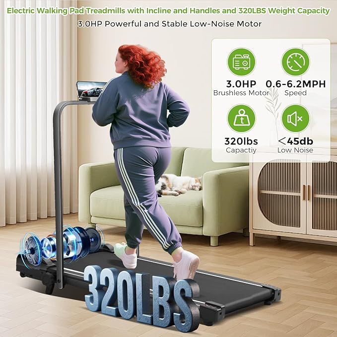 Walking Pad with Incline and Handle Bar, 3.0HP Portable Electric Walking Pads Treadmill with Handles for Home Small Spaces, 0.6-6.2 MPH Compact Small Under The Desk Treadmills Home, 320LBS Capacity