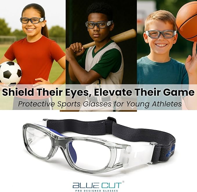 BLUE CUT Safety Basketball Goggles For Kids for Outdoor Sports Activities Anti Fog Replaceable to Prescription Lenses