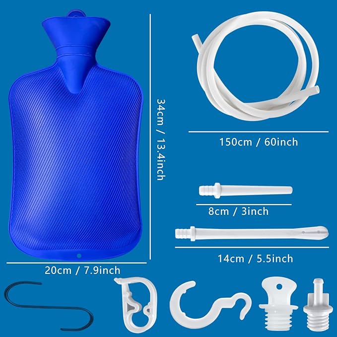 2 L Home Enema Bag Kit with 2 Enema Tips,60 inch Long Silicone Hose, Controlable Water Flow Valve, Hot-Water Bottle for Colon Cleansing Enemas（Blue）
