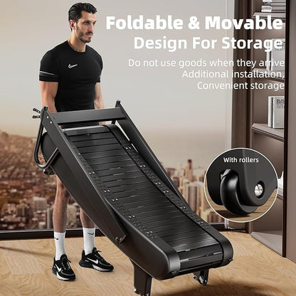 Exercise Treadmills，Manual Curved Treadmill ，Foldable， Non-Electric， Walking/Running Machine with LCD for Home & Office ，Black