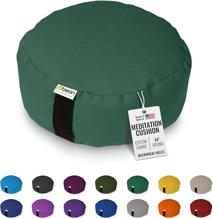 Bean Products Zafu Meditation Pillows for Sitting on Floor, Yoga Cushion, Cotton/Buckwheat Fill Yoga Pillow, Zafu Meditation Cushion, Zen Kneeling Prayer Pad- Made in USA - 14" Round - Forest Green