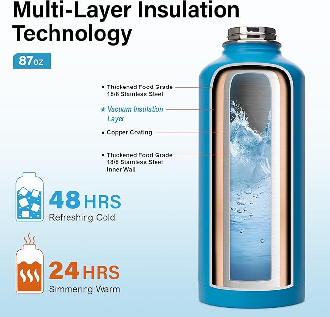 Insulated Water Bottle | Thickened Stainless Steel for Gym and Hiking with Straw, Carrier Bag, Handle Strap | BPA-Free 87 oz