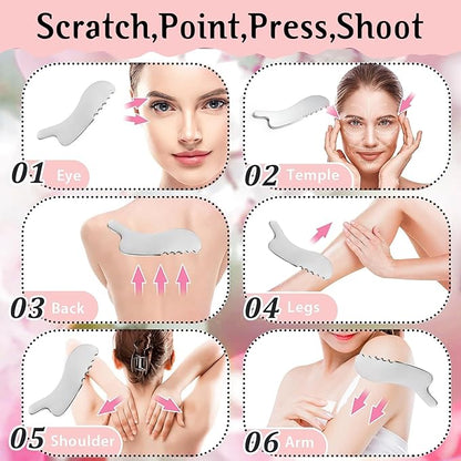 Gua Sha Facial Tools and Face Roller Set, Lymphatic Drainage Massager，Stainless Steel Facial Sculpting Eyes Roller Guasha for Face, Chin & Jawline Sculpting,Skin Care (White)