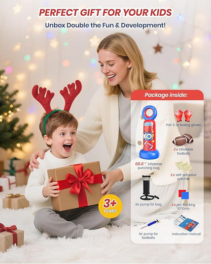 Inflatable Punching Bag for Kids, 2-in-1 Freestanding Boxing Bag with Football Toss Game, 68.8'' Heavy Duty Karate Taekwondo Toy for Boys Girls Ages 3-12, Birthday Ideas