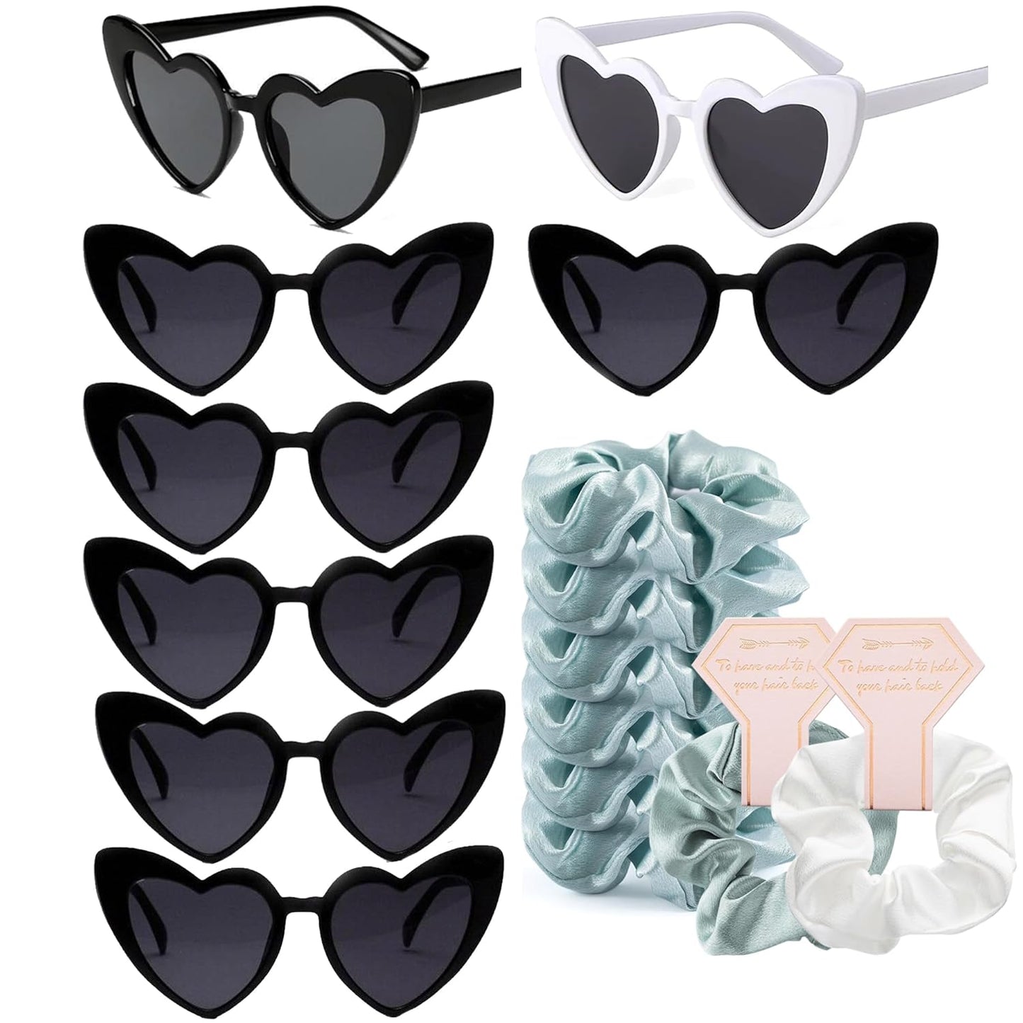1+7 Pack Bachelorette Party Favor Retro Heart Sunglasses and Bridesmaid Scrunchies Set (Sage Green)