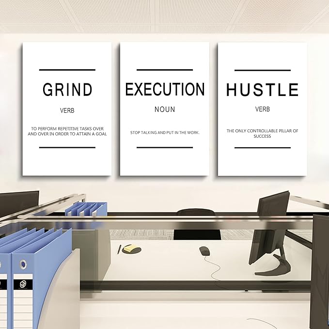 Framed Canvas Wall Art Success Quote, Office Wall Art, Black Large Poster, Positive Motivational Set of 3 Prints, Grind Execution Hustle Poster, Inspirational Print (C-3pcs,24x36inchx3pcs)