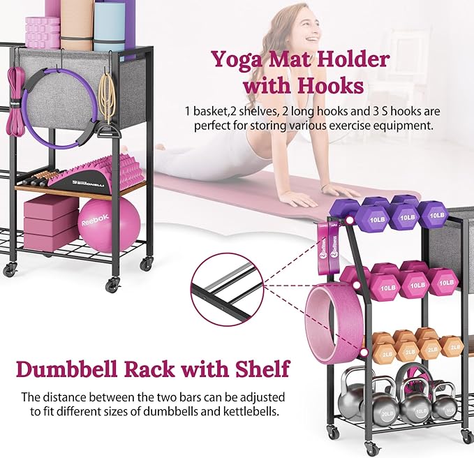 Dumbbell Rack for Kettlebell Dumber,Weight Rack Stand with Yoga Mat Holder,Home Gym Storage Rack for Gym Equipment Accessories,Workout Equipment Storage Organizer,Gym Essentials Yoga Gifts for Women